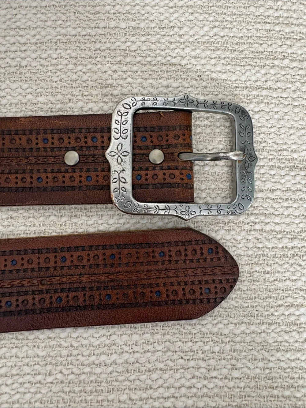 Men's Brown Leather Studded Belt with Decorative Buckle